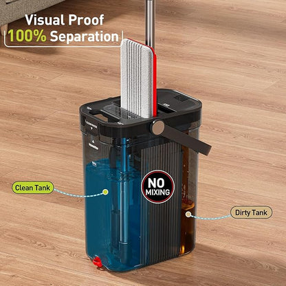 Transparent Mop and Bucket Set with Separate Dirty & Clean Water, 65" Flat Mop for Floor Cleaning, 4 Machine Washable Microfiber Pads for Wood Tile-Black