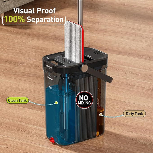 Transparent Mop and Bucket Set with Separate Dirty & Clean Water, 65" Flat Mop for Floor Cleaning, 4 Machine Washable Microfiber Pads for Wood Tile-Black