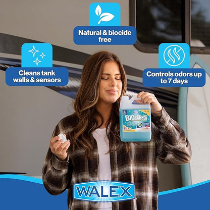 Walex Bio-Fresh Liquid Enzyme Holding Tank Treatment for RV, Camper & Marine - Black Water Tank Deodorizer, Liquifies Waste & Toilet Paper, Septic Tank Safe, Biocide-Free, Ocean Mist, 1 Gallon