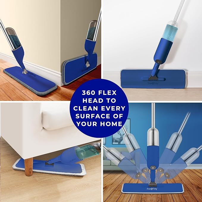 True & Tidy® SPRAY-250 Multi-Surface Spray Mop with Refillable Water Bottle for Floor Cleaning, Works on Wood, Tile, Marble etc, Use Any Cleaning Solution, Machine Washable Microfiber Mop Pads, Navy