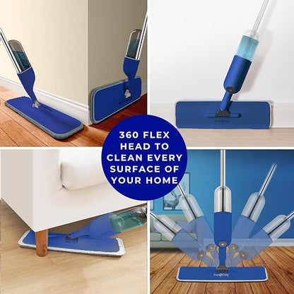 True & Tidy® SPRAY-250 Multi-Surface Spray Mop with Refillable Water Bottle for Floor Cleaning, Works on Wood, Tile, Marble etc, Use Any Cleaning Solution, Machine Washable Microfiber Mop Pads, Navy