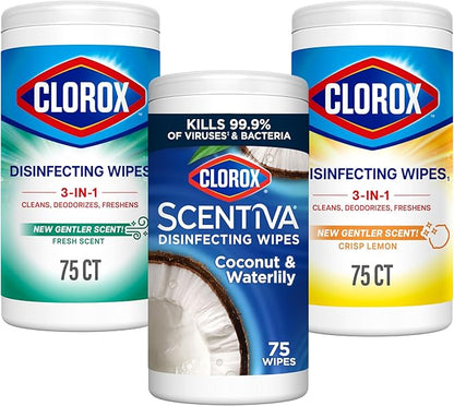 Clorox Disinfecting Cleaning Wipes, Bleach Free, Crisp Lemon, Fresh Scent, Scentiva Coconut and Waterlily, 75 Count Each (Package May Vary)