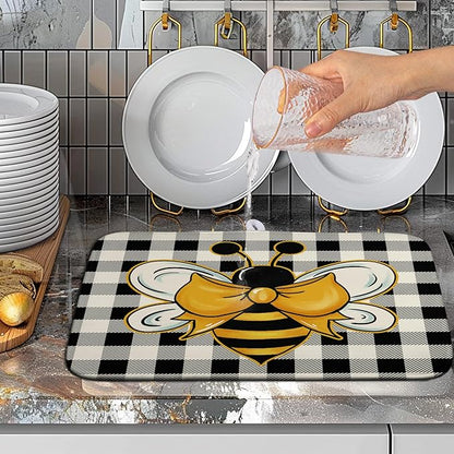 Summer Bumble Bee Drying Mat for Kitchen Counter 16×18 Inch Black White Buffalo Check Honey Bee Print Dish Drying Mats Kitchen Accessories Dish Rack Mat