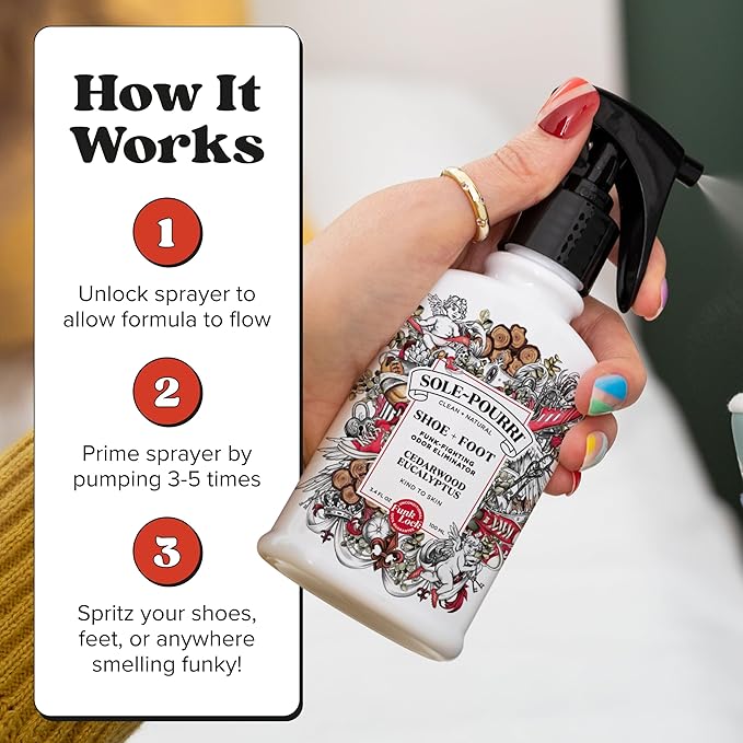 Sole-Pourri Shoe Deodorizer + Foot Spray, 3.4 Fl Oz, Up to 150 Uses, Funk-Fighting Odor Freshener with Essential Oils, for Smelly Shoes, Feet & Gym Bags, Cedarwood & Eucalyptus Scent
