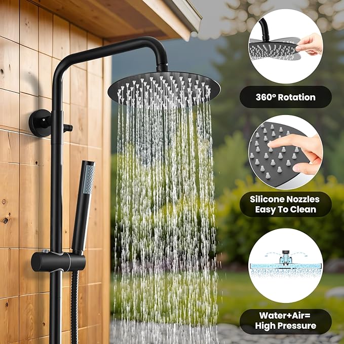 gotonovo Outdoor Shower Fixtures SUS304 Stainless Steel Rain Shower Kit Faucet High Pressure Wall Mount 2 Dual Function 8 Inch Showerhead and Handheld Spray Combo, Single Handle, Matte Black