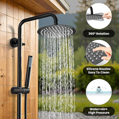 gotonovo Outdoor Shower Fixtures SUS304 Stainless Steel Rain Shower Kit Faucet High Pressure Wall Mount 2 Dual Function 8 Inch Showerhead and Handheld Spray Combo, Single Handle, Matte Black