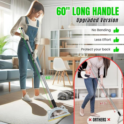Pet Hair Remover Broom for Low Pile Carpet, Rugs, Stairs – 60" Adjustable Long Handle Carpet Rake for Pet Hair Removal – Includes Wall Clamp – Dog & Cat Hair Removal Tool