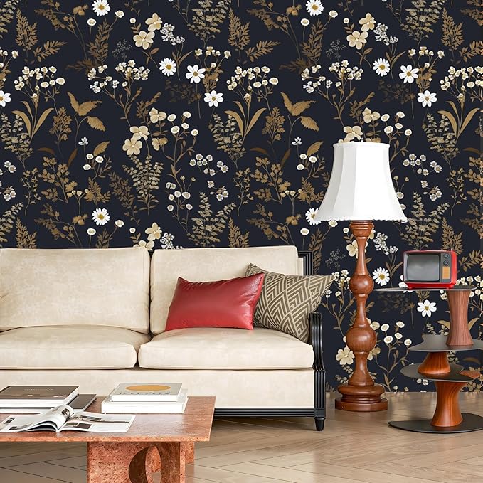 Laatse Dark Floral Wallpaper Peel and Stick 17.5in x 118in Gold Leaf Wallpaper Vinyl Waterproof Self-Adhesive Boho Navy Gold Botanical Wall Paper Mural for Bookcase Bedroom Cabinet Decor