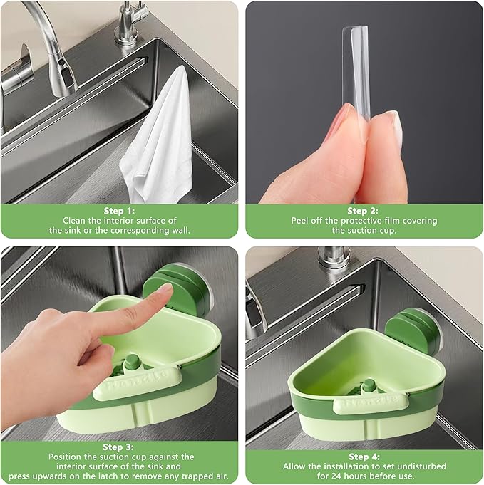 Kitchen Sink Strainer Basket, Suction Cup Press-to-attach Sink Filters, Upgraded Automatic Tipping Sink Filter Basket, Faucet Sponge Storage Shelf, Corner Sink Strainers (Green)