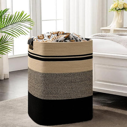 Laundry Hamper, 85L Tall Laundry Basket with Leather Handles, Rectangle Large Clothes Hamper for Organizing, Cotton Woven Laundry Baskets Storage Hampers for Bedroom, Nursery, Living Room