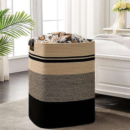 Laundry Hamper, 85L Tall Laundry Basket with Leather Handles, Rectangle Large Clothes Hamper for Organizing, Cotton Woven Laundry Baskets Storage Hampers for Bedroom, Nursery, Living Room