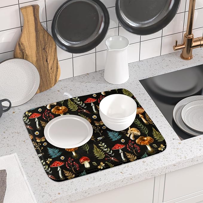 Mushroom Forest Dish Drying Mat Fern Leaves Black Drainer Mat for Kitchen Countertop 16 X 18 Inch