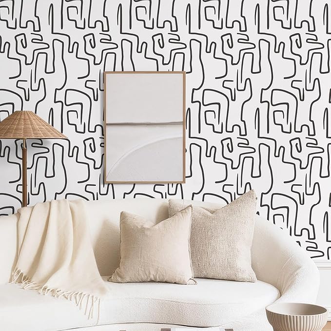 Ismoon 17.3"X590" Unique Black and White Peel and Stick Wallpaper Scribbles Wallpaper Modern Abstract Contact Paper Removable Self-Adhesive Wall Paper for Home Decoration Vinyl Film Roll
