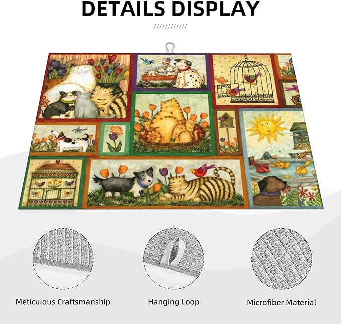 Happy Animal Painting Dish Drying Mats for Kitchen Counter, Absorbent Reversible Microfiber Dish Drying Pad, Multi-Use Large Drying Mat Coffee Bar Accessories 18"x24"