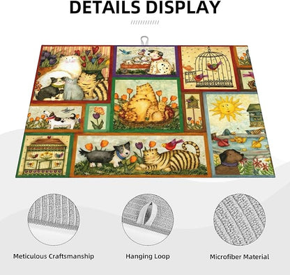 Happy Animal Painting Dish Drying Mats for Kitchen Counter, Absorbent Reversible Microfiber Dish Drying Pad, Multi-Use Large Drying Mat Coffee Bar Accessories 18"x24"