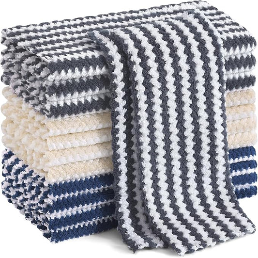 Homaxy 12 Pack Kitchen Dish Cloths, Ultra Soft and Absorbent Dish Towels, Reusable Fast Drying Microfiber Cleaning Cloth, Coral Velvet Wave Design No-lint, 10 x 10 inches, Dark Grey/Navy Blue/Beige