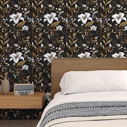 Laatse Black Gold Wallpaper Peel and Stick, Dark White Floral Vintage Contact Paper 17.5" x 197", Golden Botanical Wall Paper Self Adhesive Removable Waterproof for Bedroom Shelf Drawer Table Decor