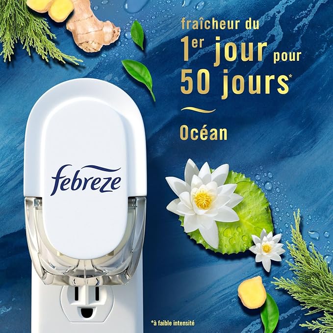 Febreze Plug In Air Freshener, Odor-Fighting Scented Oil Refill, Air Fresheners for Home & Bathroom and Kitchen,Long Lasting for Strong Odors,Ocean & Mountain Scents,0.87oz Refills,4 Count (Pack of 2)