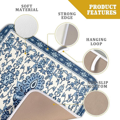 Blue Floral Dish Drying Mat for Kitchen Counter 16x18 Chinoiserie Flower Print Vintage Absorbent Reversible Microfiber Drying Mats Kitchen Countertop Protector Dishes Drainer Rack Pad