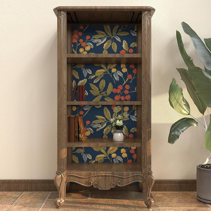 Laatse Navy Blue Floral Wallpaper Peel and Stick, Vintage Contact Paper 17.5" x 118", Dark Leaf Botanical Boho Wall Paper Self Adhesive Waterproof Removable for Room Shelve Cabinet Drawer Table Decor