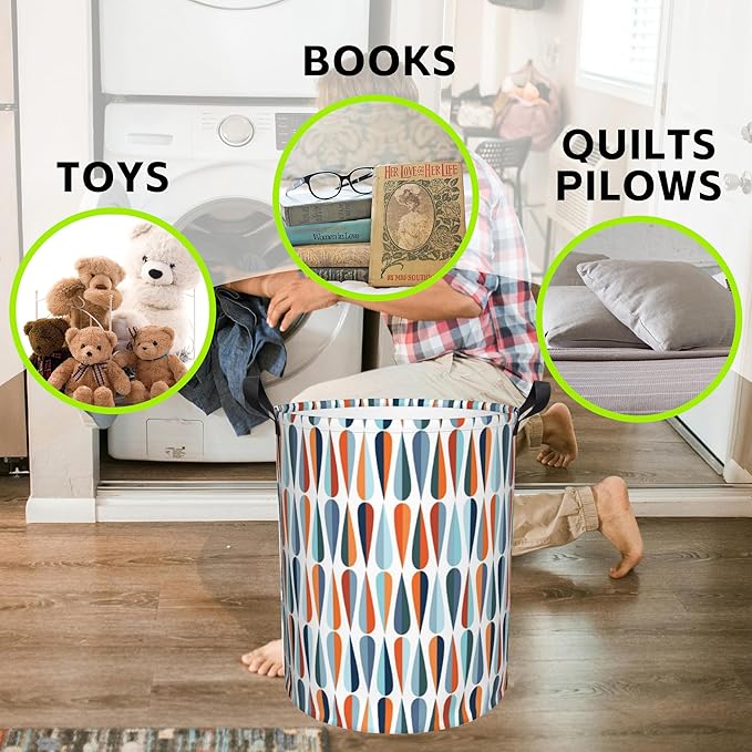 Mid-Century Modern Laundry Basket Foldable Laundry Hamper Waterproof Oxford Cloth Large Laundry Basket Clothes Storage Bucket Toy Organizer For Bathroom, Laundry, College 17.3 x16.5 Inch