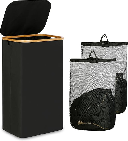 Laundry Hamper with Lid, 110L Large Laundry Basket with Handle, Collapsible Clothes Basket Organizer with Removable 2 Inner Bag for Clothes Toys Towels - Black