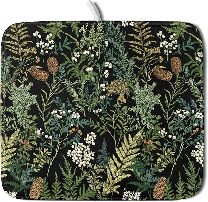 Green Plant Fern Leaves Floral Dish Drying Pad 16 x 18 Inch With Absorbent Reversible Microfiber Black Flower Botanical Leaf Vintage Drying Mats Dish Drainer Mat Fast Dry For Kitchen Dining Room