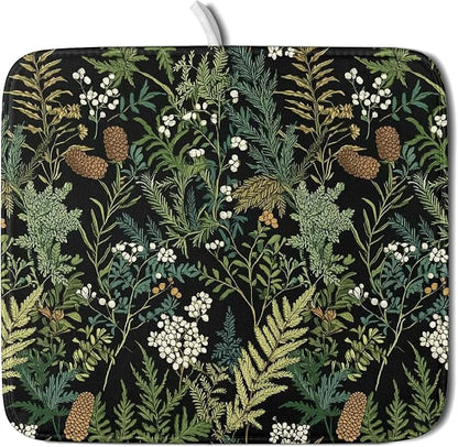 Green Plant Fern Leaves Floral Dish Drying Pad 16 x 18 Inch With Absorbent Reversible Microfiber Black Flower Botanical Leaf Vintage Drying Mats Dish Drainer Mat Fast Dry For Kitchen Dining Room