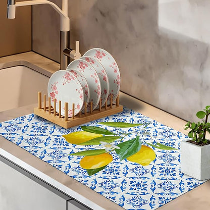 Blue and White Floral Lemon Dish Drying Mat, Mediterranean Tiles Coffee Bar Mat for Countertops, Lemons Absorbent Dish Drying Mats for Kitchen Counter Coffee Maker, 16x24 Inch