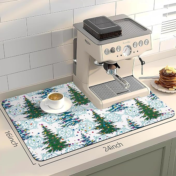 Bloss Christmas Drying Mat, 16"x24" Absorbent Coffee Mat with Waterproof Rubber Back, Fit Under Coffee Maker Machine / Counter