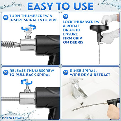 Plumbing Drain Snake (Spiral Diameter 0.5 inch / 1.3 cm), Hair Clog Remover Tool for Toilet, Heavy-Duty Drain Auger for Kitchen & Bathroom Sink, Pipe & Sewer Cleaner for Shower & Bathtub