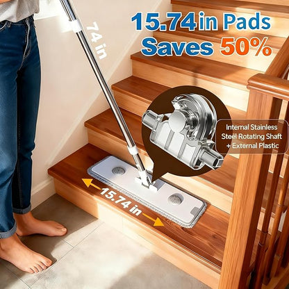 CTIME Large Mop and Bucket Set, Flat Mop and Bucket System, Wall Mop with Adjustable Handle (Max 70.87 Inches), Mops for Floor Cleaning, 6 Washable 15.74'' Microfiber Mop Pads