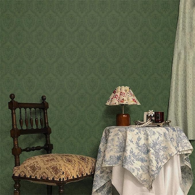 Dimoon 393"x16.1" Wallpaper Green Peel and Stick Removable Contact Paper Delicate Thicken Waterproof Retro Dark Green Self Adhesive Floral Wallpaper for Bedroom Shelf Liner Decal Vinyl Roll