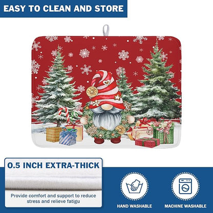 Christmas Dish Drying Mat for Kitchen Counter, Merry Christmas Dish Drying Mat 18 x 24 Inch Xmas Gnomes Absorbent Reversible Microfiber Dish Drying Pad Kitchen Drying Mat for Coffee Bar