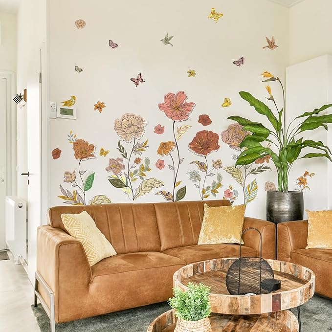 Large Boho Floral Butterfly Wall Stickers Vintage Flower Plants Decals Peel and Stick Decor for Living Room Dining Room Home Decor