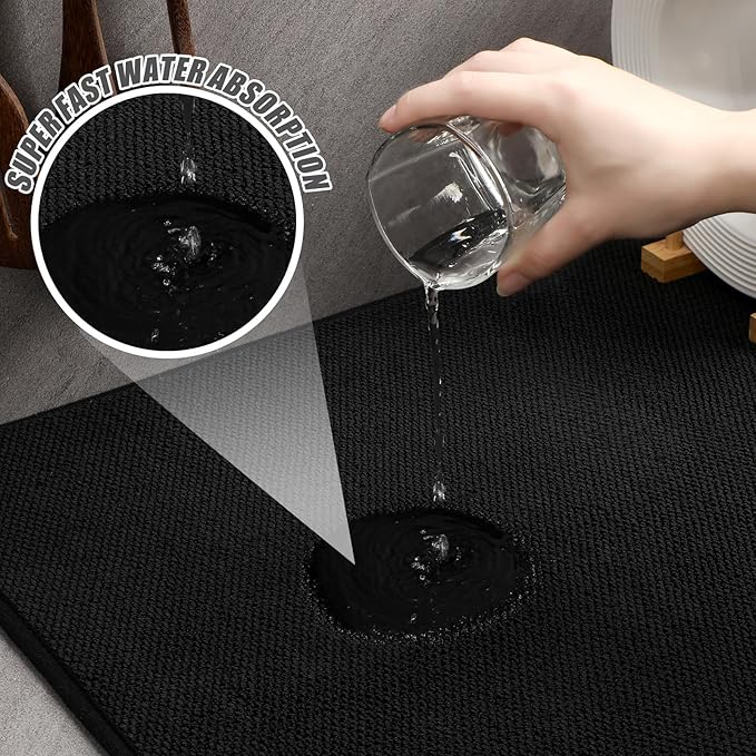 Hushee 2 Pack Extra Large Dish Drying Mat Microfiber Absorbent Dish Drying Pad Large Size Dishes Drainer Mats for Countertop, Sink, Refrigerator or Dryer (30 x 24 Inch,Black)
