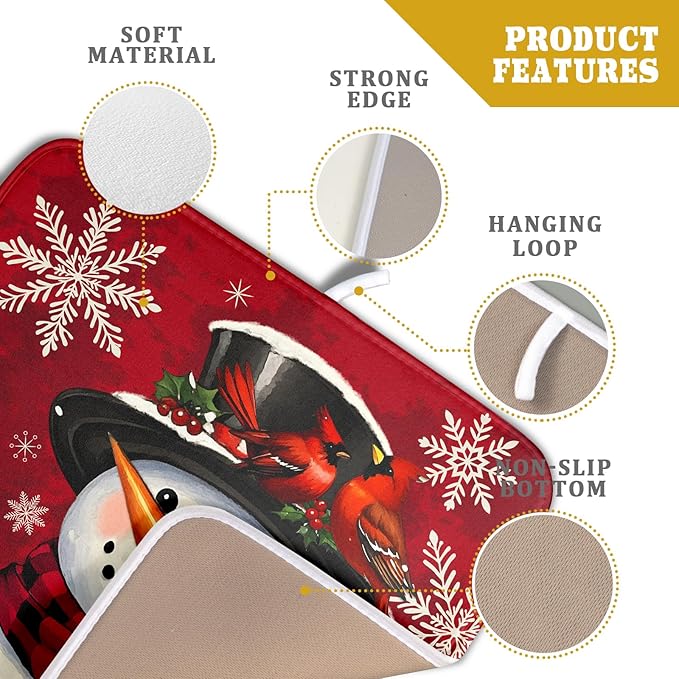 Christmas Snowman Dish Drying Mat for Kitchen Counter 16x18 Xmas Snowflake Winter Holiday Dark Red Absorbent Reversible Microfiber Drying Mats Kitchen Countertop Protector Dishes Drainer Rack Pad