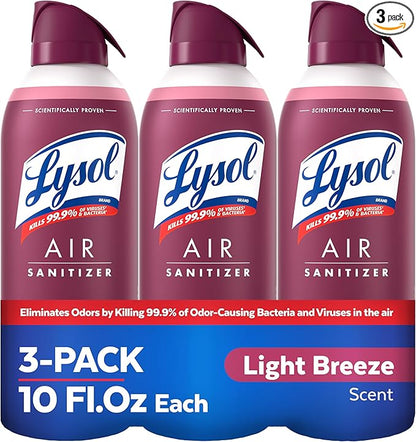 Lysol Air Sanitizer Spray with Bacterial Odor Eliminator for Home & Office, Sanitizing Air Spray, Air Freshener Alternative, Light Breeze Scent, 10 oz (Pack of 3)