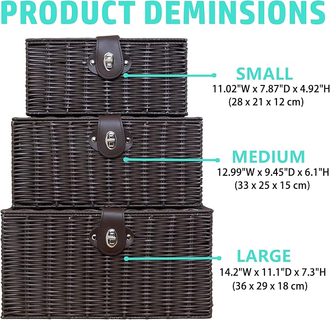 Set of 3 Woven Wicker Storage Basket Box with Lids & Lock, Built-in Carry Handles, Multifunctional Storage Organizer for Nursery, Baby, Clothes, Toys, Books, Large/Medium/Small Size (Brown)