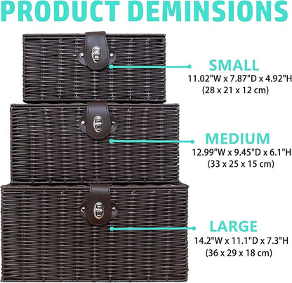Set of 3 Woven Wicker Storage Basket Box with Lids & Lock, Built-in Carry Handles, Multifunctional Storage Organizer for Nursery, Baby, Clothes, Toys, Books, Large/Medium/Small Size (Brown)