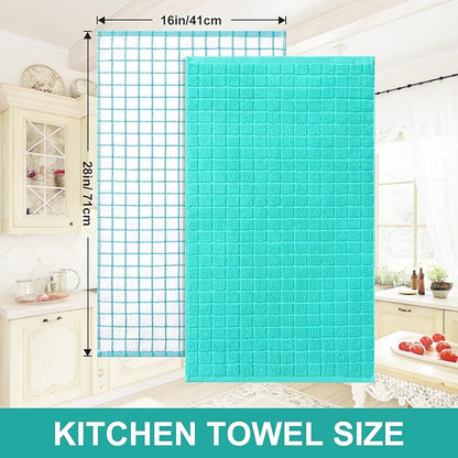 Homaxy Premium Cotton Kitchen Towels 16"x 28", Large Natural Ring Spun 390 GSM Dish Towels, Super Absorbent Terry Kitchen Hand Towels, Soft Tea Towels with Hanging Loop, Aqua Check Design, 6 Pack