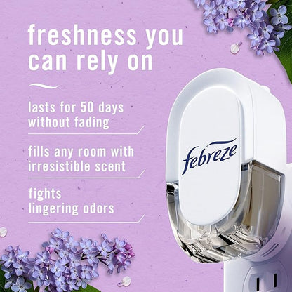 Febreze Plug In Air Freshener, Odor-Fighting Scented Oil Refill, Air Fresheners for Home and Bathroom and Kitchen, Long Lasting for Strong Odors, Lilac Sunrise Scent, 0.87oz Refills, 4 Count