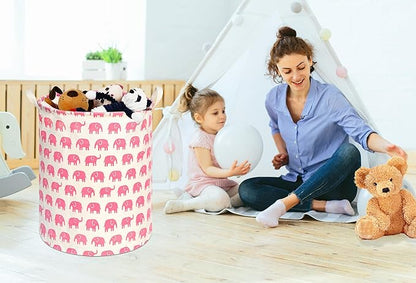 KUNRO Round Laundry Gift Basket Storage Hamper, Clothes Storage Organizer Bins, Shelf Basket with Handles for Room Decor (Pink Elephant)