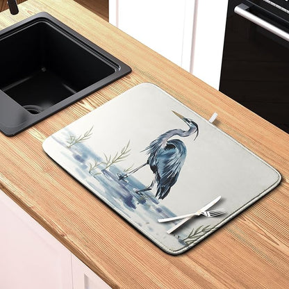 Summer Dish Drying Mat Blue White Heron Beach Absorbent Microfiber Drying Mats for Kitchen Counter Coastal Nautical Birds Dishes Drainer Mat 16x18 Inch