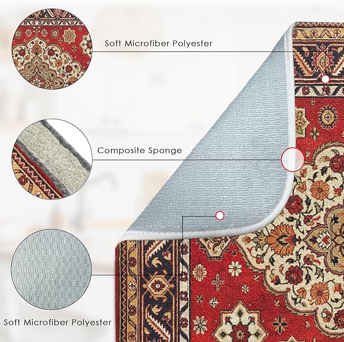 Sanwarm Absorbent Dish Drying Mat, Royal Red Moroccan Microfiber Pad for Kitchen Counter, Coffee Bar Decor, Heat Resistant and Reversible, 16" x 18"