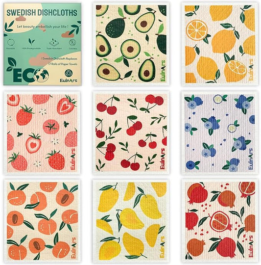 8 Pack Swedish Dishcloths for Kitchen, Fruit Swedish Dishcloths, Reusable Paper Towels Washable, Biodegradable, Non-Scratch Cellulose Sponge Cloths, No Odor