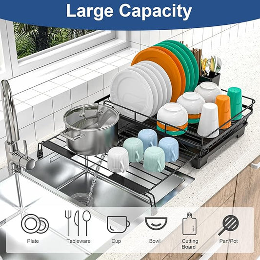Expandable Dish Drying Rack,Rust-Proof Metal Dish Racks for Kitchen Counter with 360° Swivel Drain Spout,Space-Saving Dish Drainer with Utensil Holder for Small Apartment & Home Organization