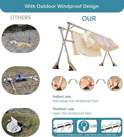 Clothes Drying Rack 95 Inches Folding Indoor Outdoor, Drying Rack Clothing Collapsible Windproof, Foldable Laundry Drying Rack, Heavy Duty Stainless Steel Clothes Rack, Coat rack, 20 Hooks 12 Clips