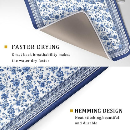 Blue Floral Branches Dish Drying Mat for Kitchen Counter Chinoiserie Pattern Dish Drying Pad 18x24 In Absorbent Vintage Flowers Decor Dishes Drainer Pad Dish Dry Rack Mat for Counter Coffee Bar