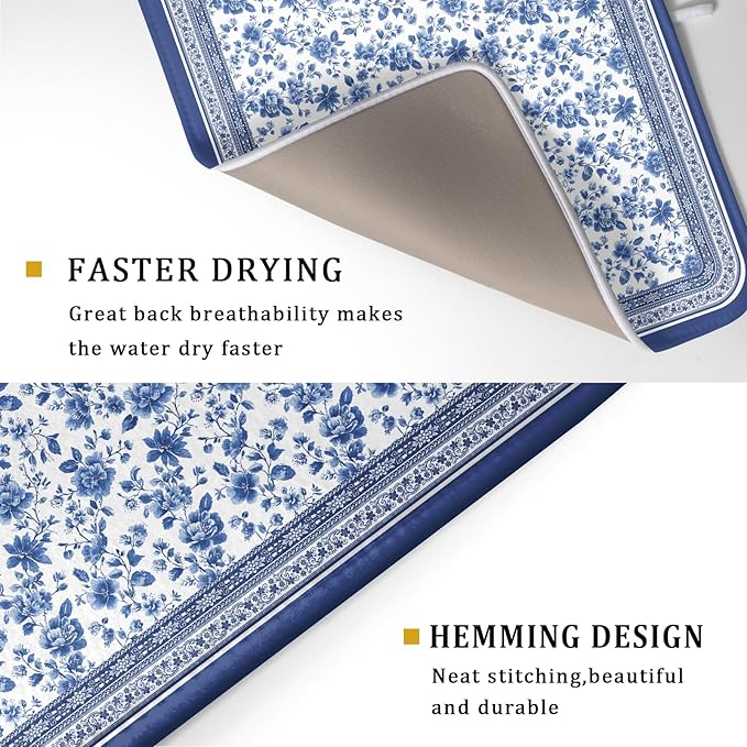 Blue Floral Branches Dish Drying Mat for Kitchen Counter Chinoiserie Pattern Dish Drying Pad 16”x18”Absorbent Vintage Flowers Decor Dishes Drainer Pad Dish Dry Rack Mat for Counter Coffee Bar